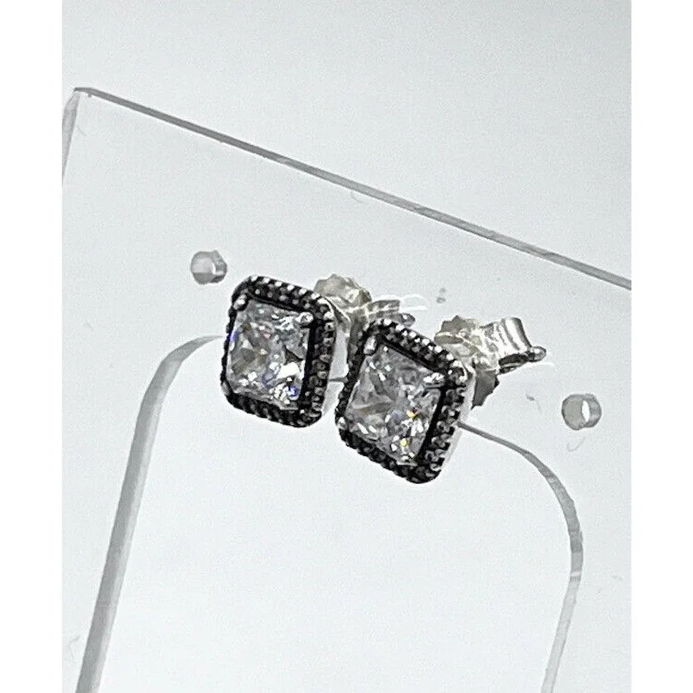 Pandora Timeless Elegance Sterling Silver Square Halo CZ Sparkle Stud Earrings